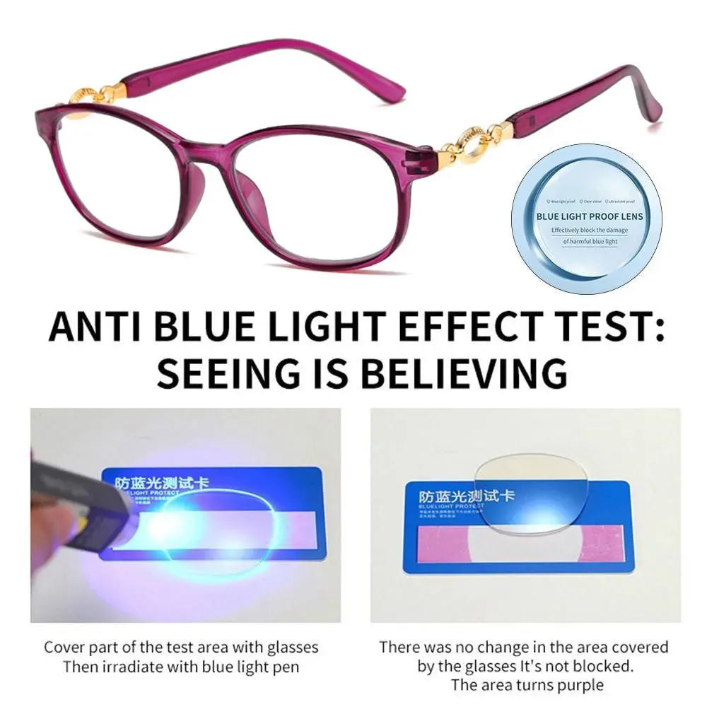 Purple progressive multifocal reading glasses demonstrating the anti blue light effect test.