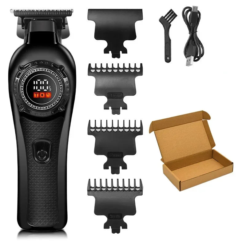 A black professional high-speed electric hair clipper with various attachments and a box.