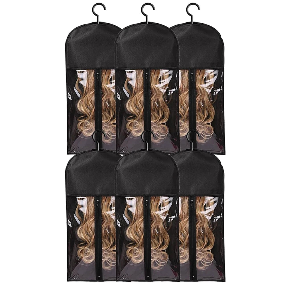 A set of three black mesh storage bags with metal hangers for storing wigs.