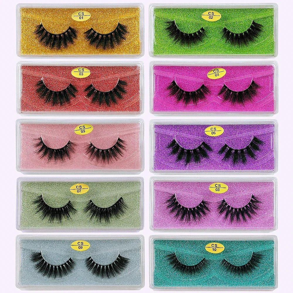 A set of ten pairs of premium mink false eyelashes displayed in various shades and colors.