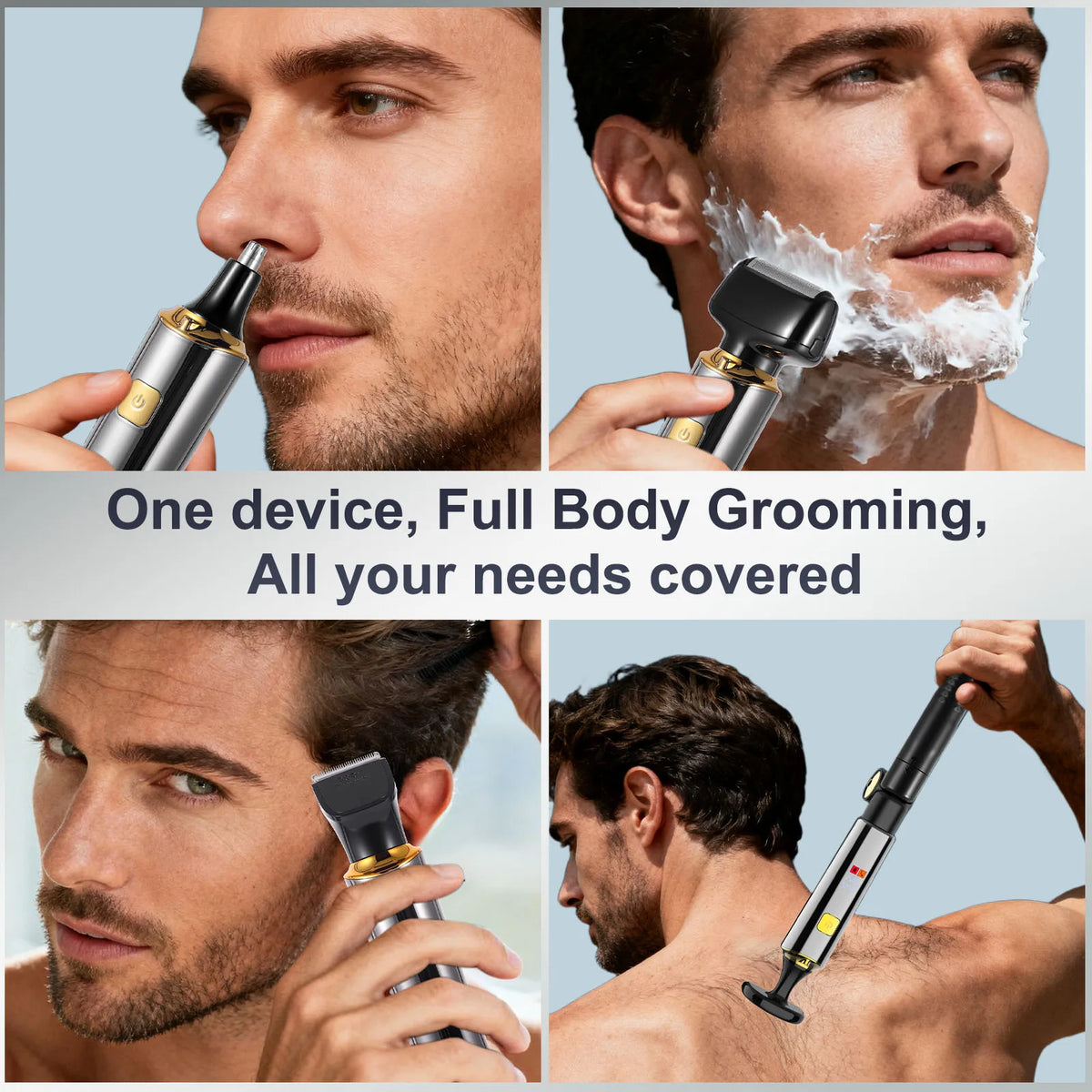 A set of electric grooming devices for full body grooming including a nose trimmer, facial shaver, and body groomer.
