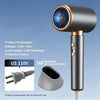 A black hair dryer with a detachable nozzle and cord, designed for fast drying.