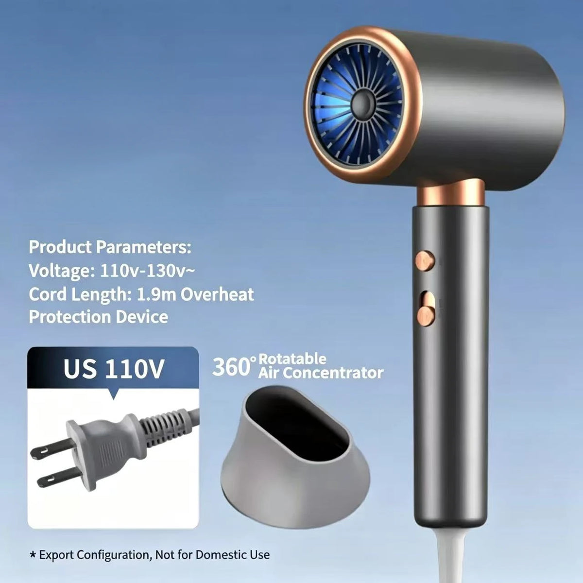 A black hair dryer with a detachable nozzle and cord, designed for fast drying.