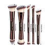 A set of five brown synthetic makeup brushes displayed vertically with measurements.