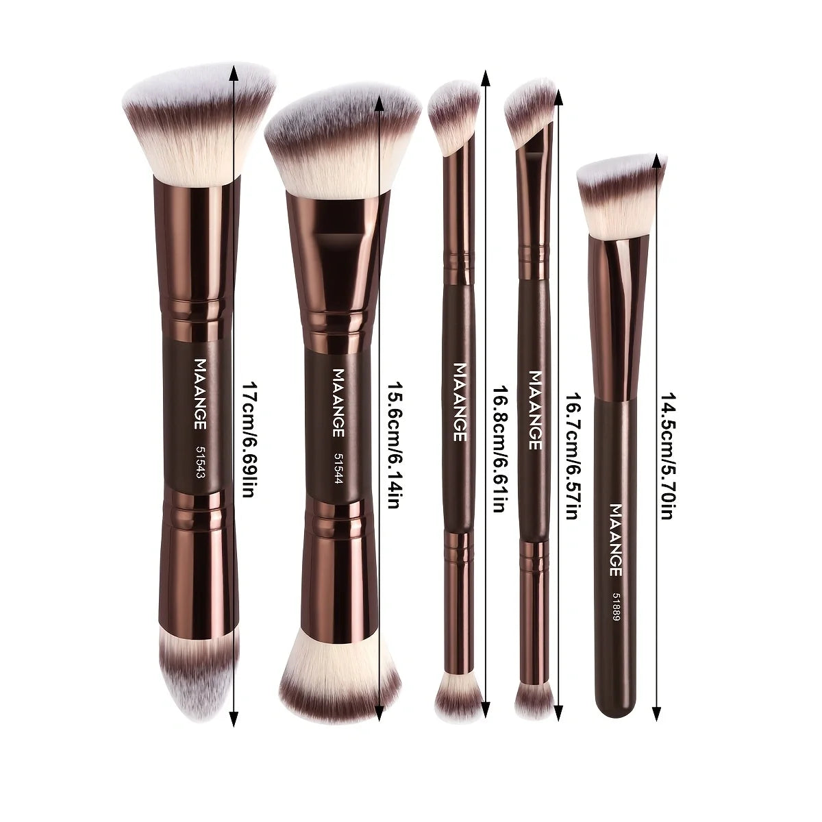 A set of five brown synthetic makeup brushes displayed vertically with measurements.
