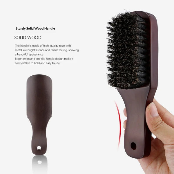A close-up of a dark brown wooden boar bristle hair and beard brush being held by a hand.