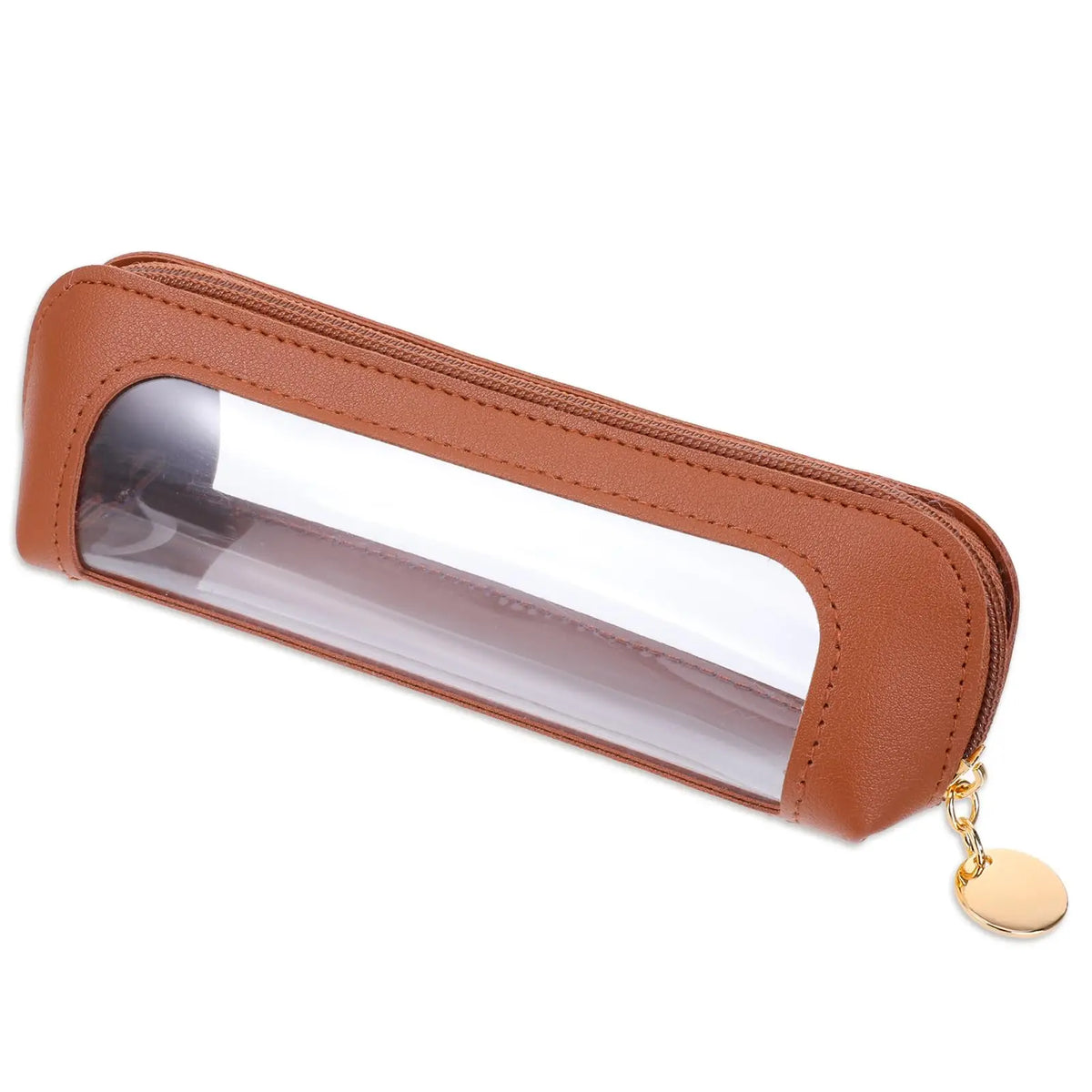 Braunes Kunstleder-Make-up-Pinsel-Organizer-Beutel mit klarem Fenster und goldfarbenem Anhänger.