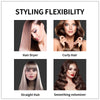 Four images demonstrating styling flexibility including hair dryer, curly hair, straight hair, and smoothing volumizer.