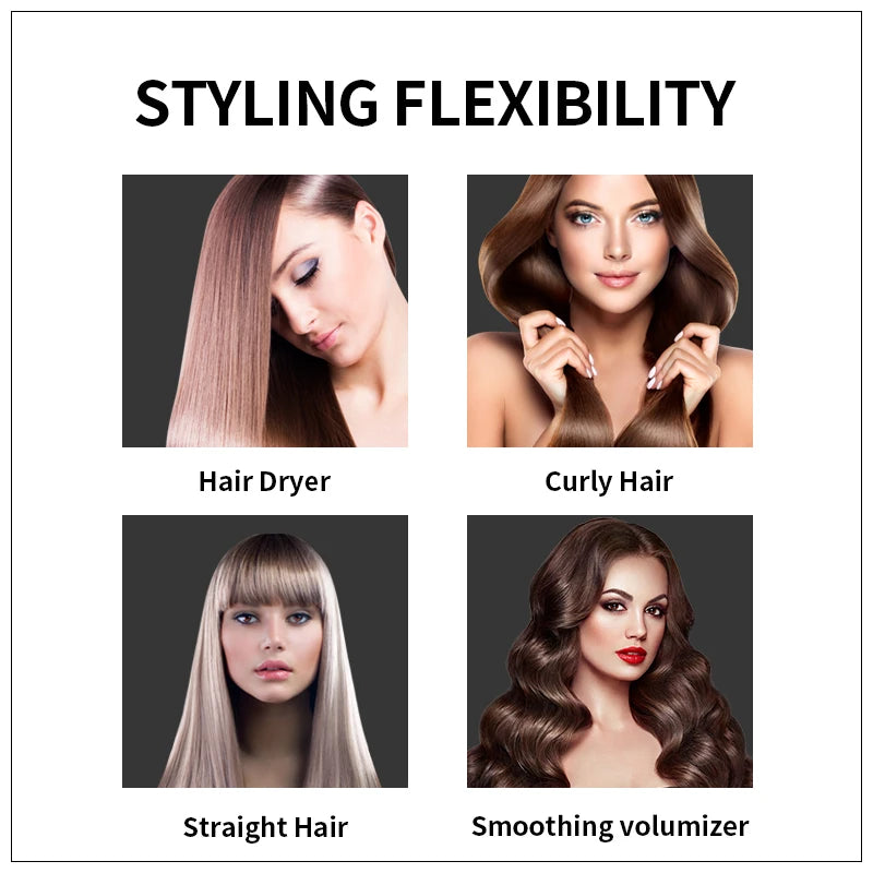 Four images demonstrating styling flexibility including hair dryer, curly hair, straight hair, and smoothing volumizer.