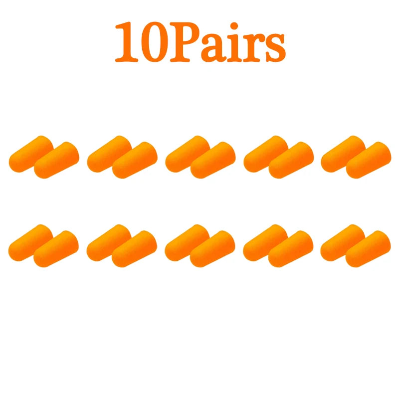 Dix paires de bouchons d'oreille anti-bruit orange en mousse pour le sommeil et la concentration.