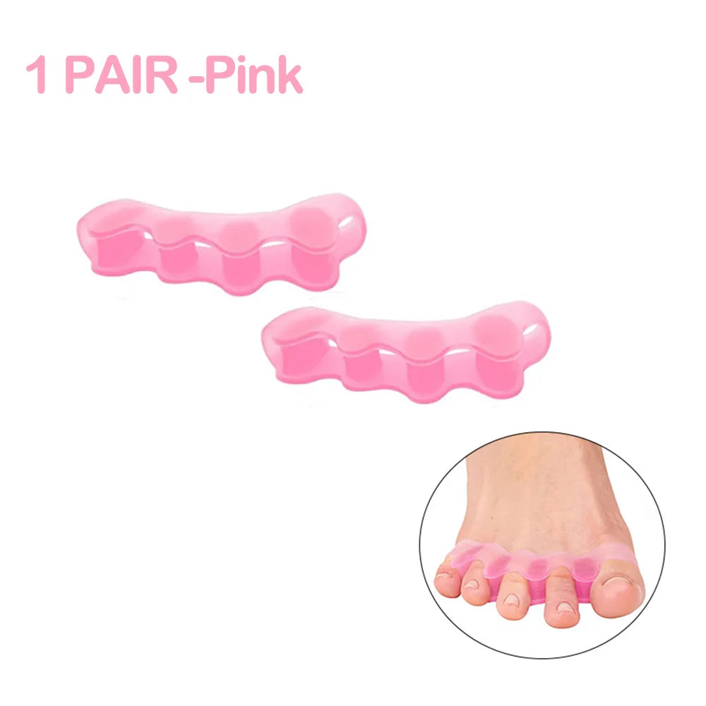 A pair of pink silicone toe separators shown next to a foot for bunion relief.