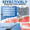 A portable water flosser device is shown cleaning teeth, demonstrating pulse technology for removing food residue.