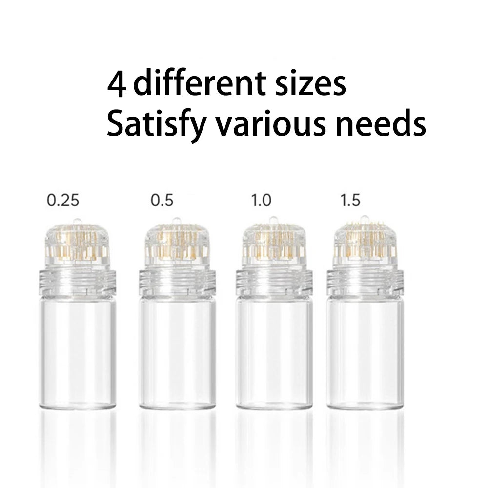 A set of four glass microneedling stamps in different sizes ranging from 0.25 to 1.5 mm.
