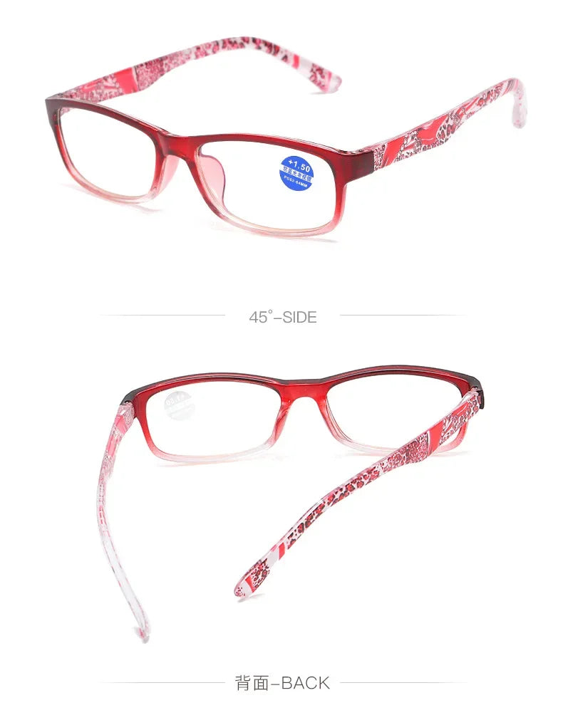 A pair of pink and red patterned retro style anti-blue light reading glasses shown from the front and back.