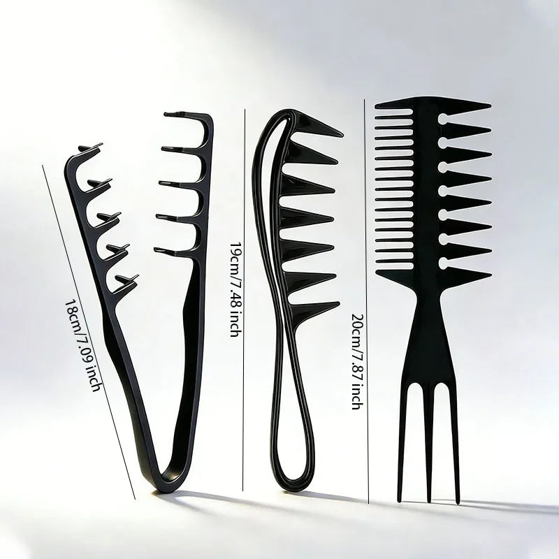 A set of black men's salon hair styling combs displayed vertically with measurements.