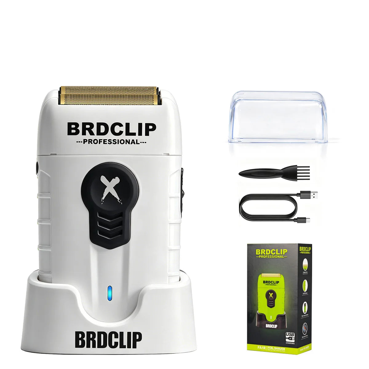 A white BRDCLIP professional electric shaver trimmer with accessories shown on a white base.