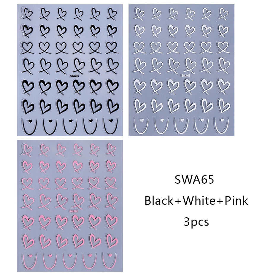 Un set de décals de cœurs d'amour en résine pour ongles, noir, blanc et rose, pour manucure DIY
