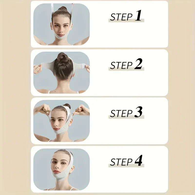 A four-step guide showing the process of using a graphene fiber face lift band for jawline definition.