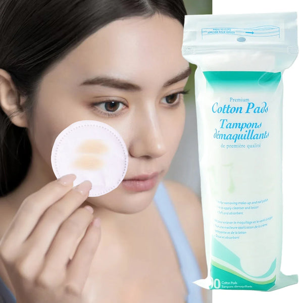 A package of premium cotton pads for makeup removal and cleansing is shown next to a woman applying one to her face.