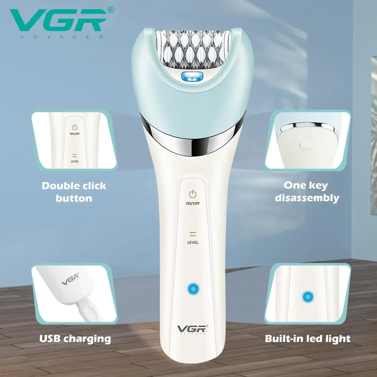 A white VGR electric grooming kit with a teal handle, showing features like double click button, disassembly, USB charging, a