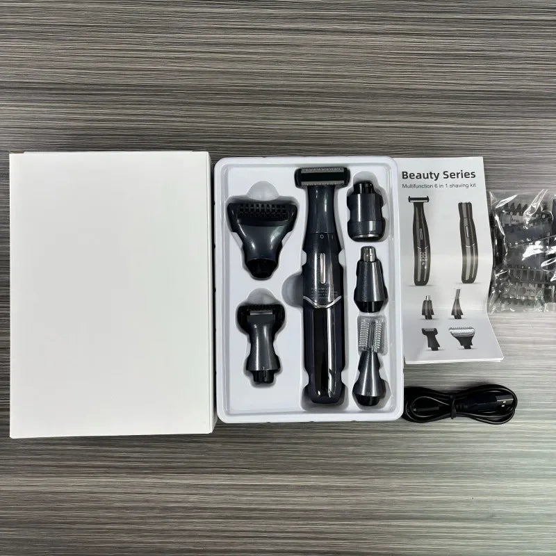 A white box containing a 6-in-1 electric body and facial trimmer with various grooming attachments.