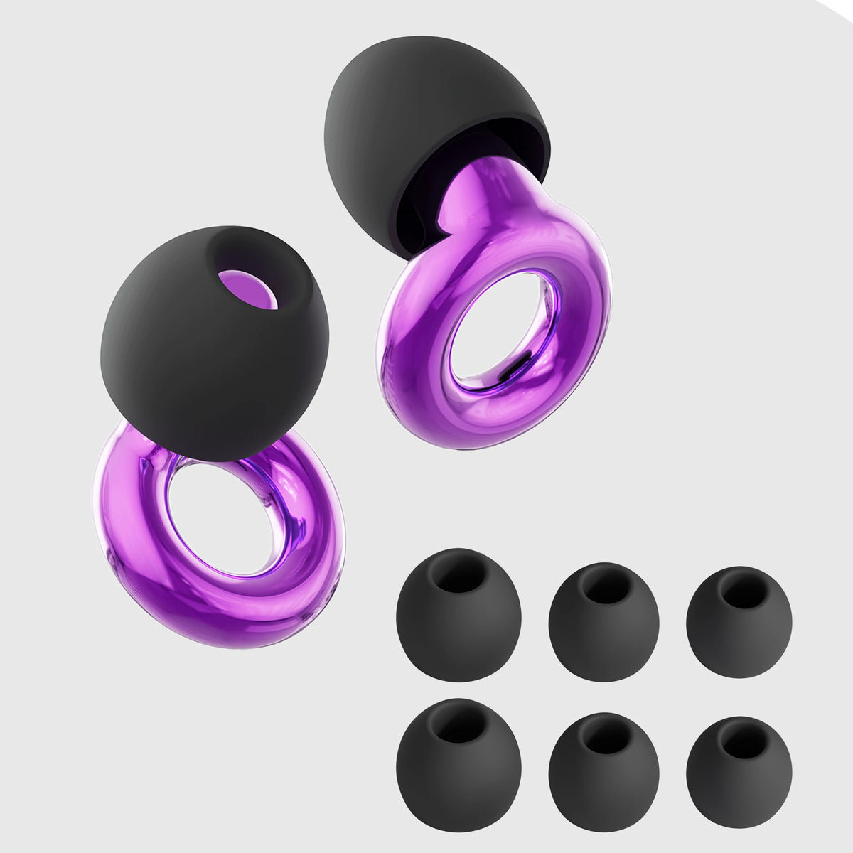 A pair of reusable high-fidelity ear plugs in matte black and iridescent purple.