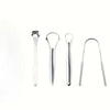 A set of three stainless steel tongue scrapers, including a spoon-shaped scraper and two loop-shaped scrapers.