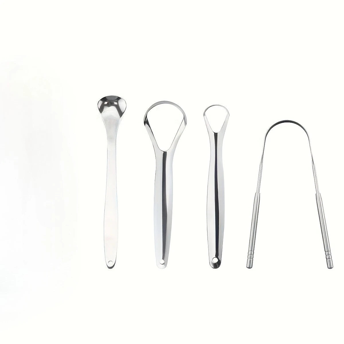 A set of three stainless steel tongue scrapers, including a spoon-shaped scraper and two loop-shaped scrapers.