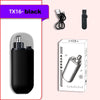 A black rechargeable nose hair trimmer is shown in various forms, including a handheld device and its packaging box.