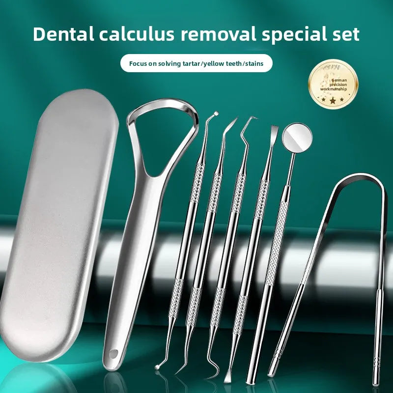 A set of stainless steel dental calculus removal tools including scrapers and probes for oral hygiene