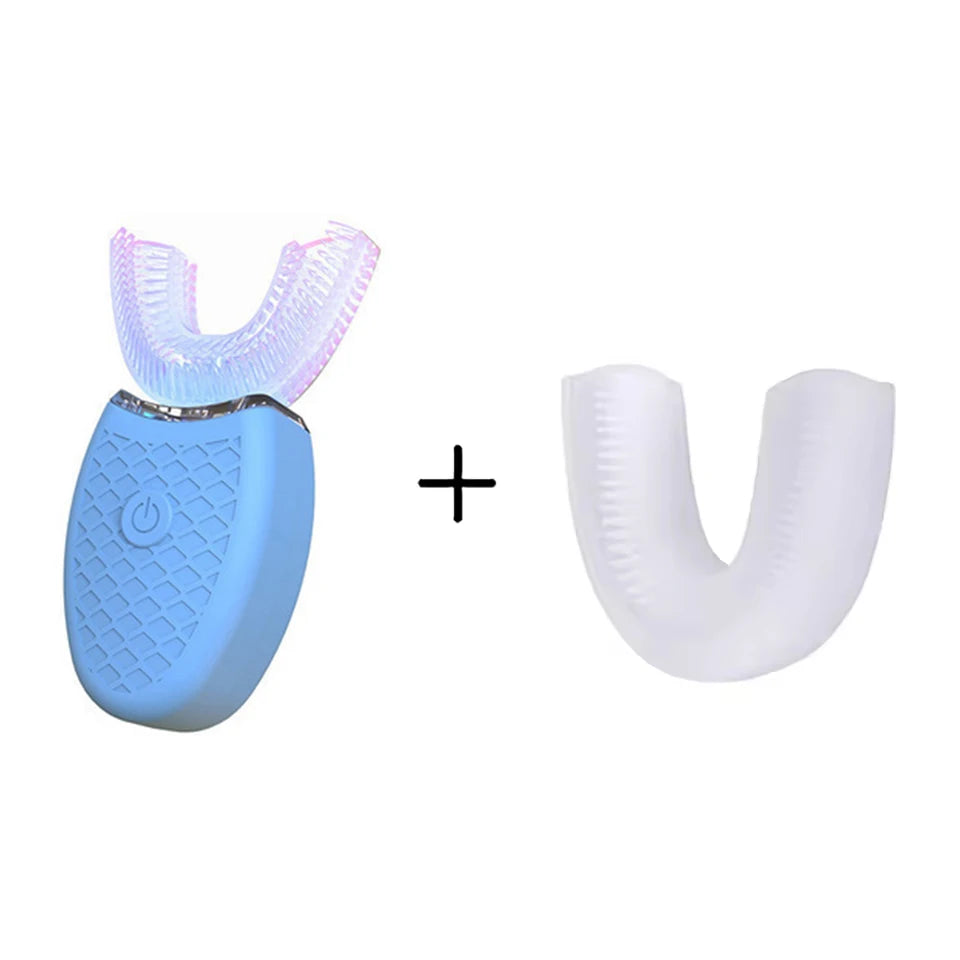 A set of a blue electric toothbrush and a white silicone brush head for cleaning teeth.