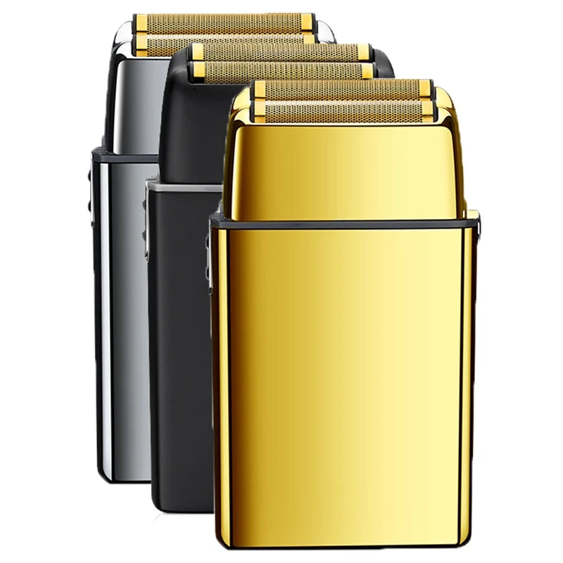 A set of professional rechargeable electric shavers with gold and black accents displayed together.