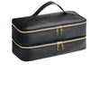 Black PU leather hair dryer storage bag with a zipper closure and carrying handle.