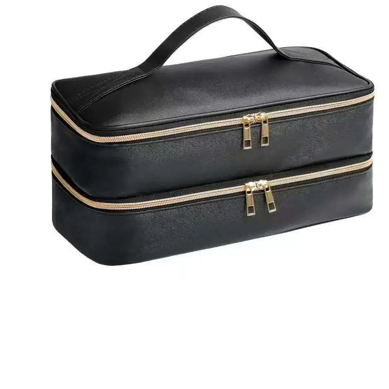 Black PU leather hair dryer storage bag with a zipper closure and carrying handle.