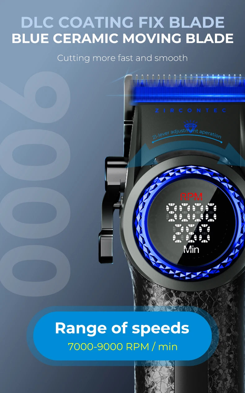 Close-up of a blue ceramic fixing blade on a watch, showing a range of speeds from 7000 to 9000 RPM per minute.