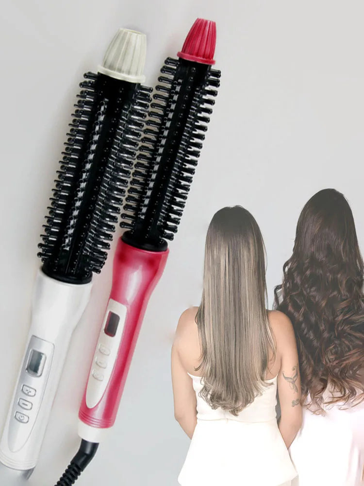 A pair of black and red ceramic hair straighteners or curlers are shown against a light gray background.