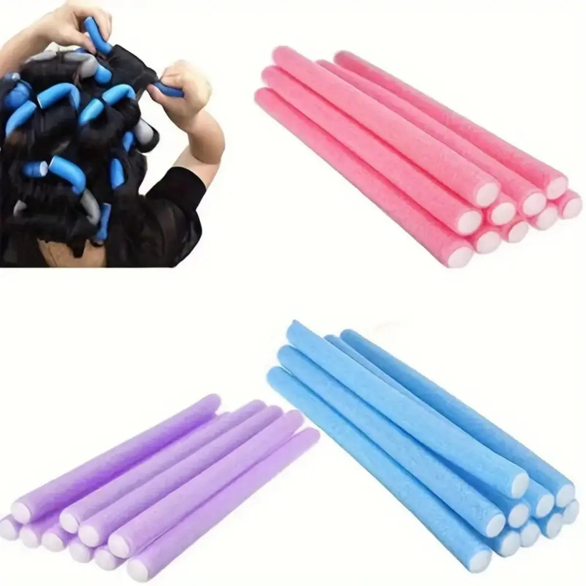 A collection of soft foam heatless hair rollers in pink and blue colors.