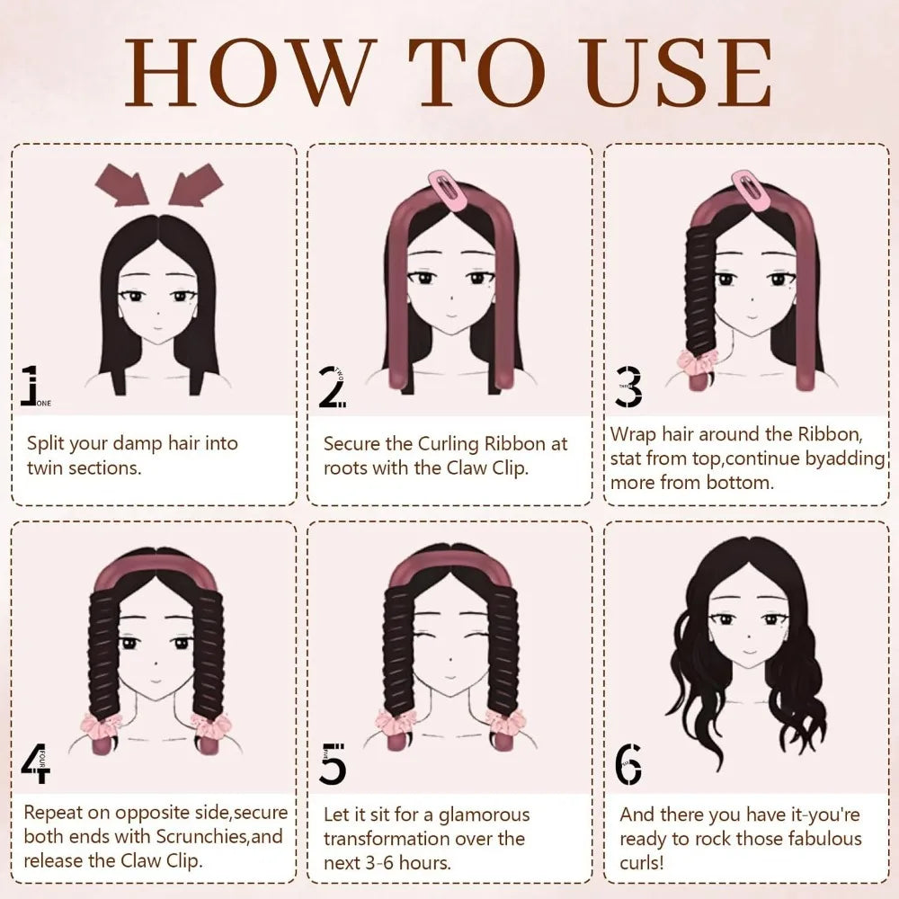 A six-step guide demonstrating how to use velvet heatless hair curlers for natural waves.