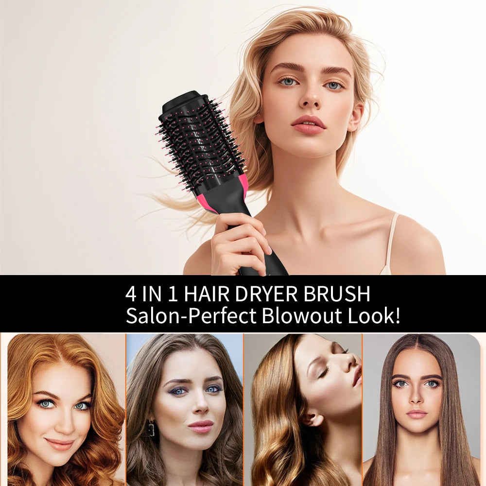 A woman holds a black 4 in 1 hair dryer brush for styling hair.
