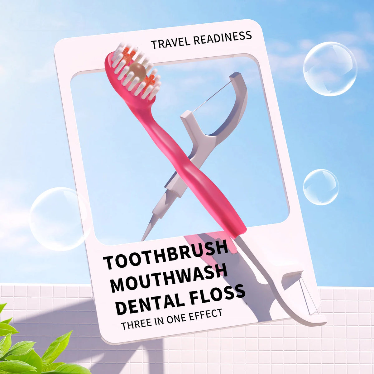 A white card displays a pink toothbrush, dental floss, and dental tools under the heading Travel Readiness.