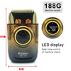 A black Kemei KM-T228 electric shaver with a gold finish and an LED display showing 7500 RPM.