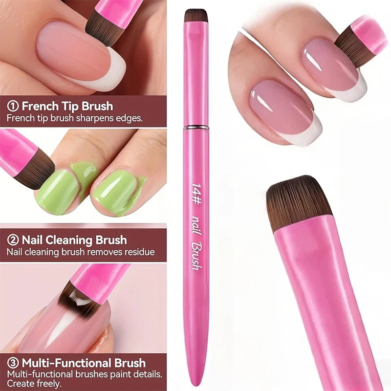 A set of three precision nail brushes including a French tip brush, a nail cleaning brush, and a multi-functional brush.