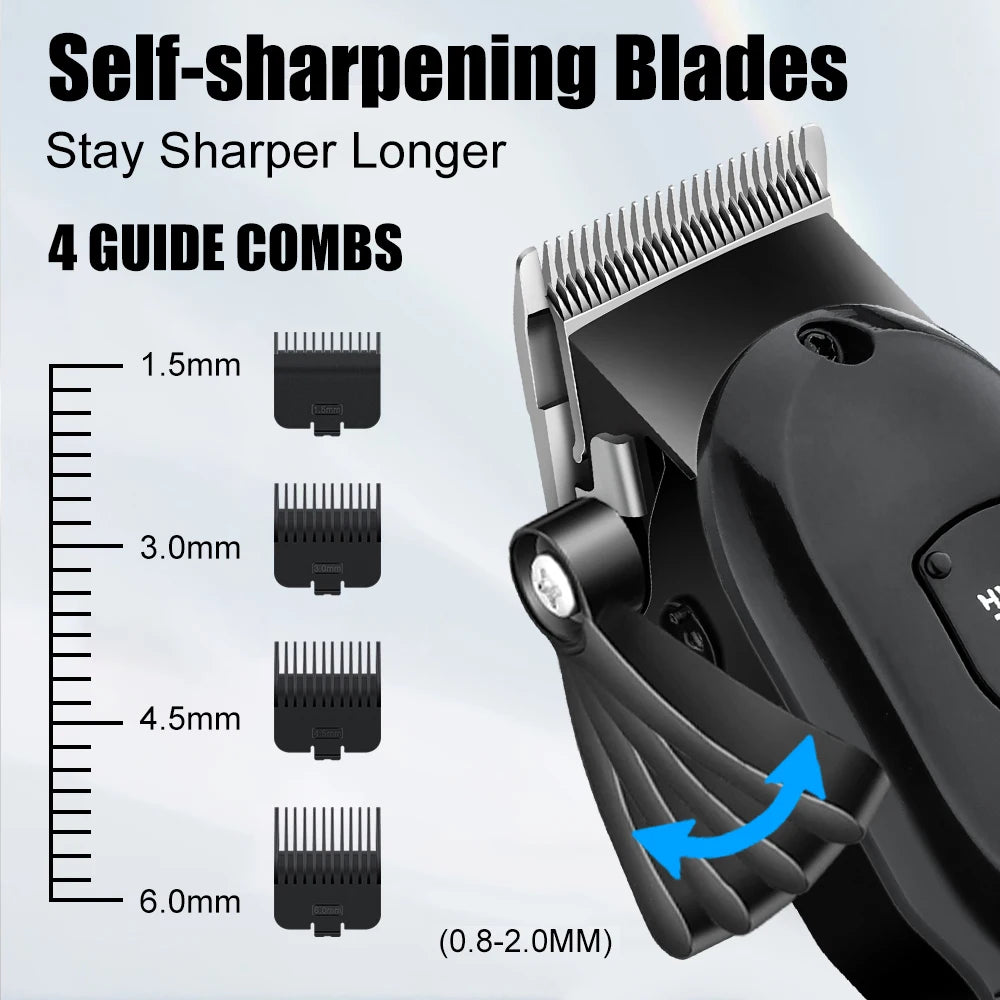 A close-up view of a professional electric hair trimmer with four guide combs shown next to a measurement scale.