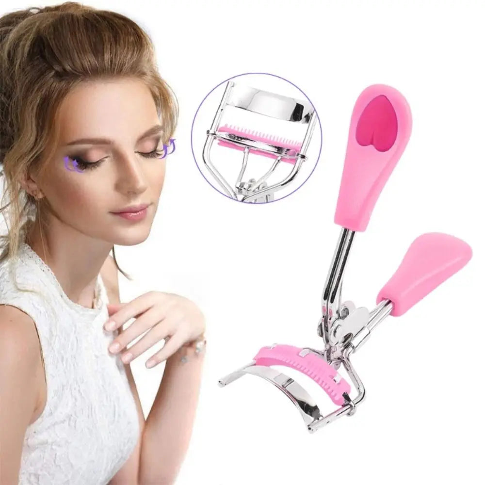 A close-up of a pink stainless steel eyelash curler with a precision comb shown next to a woman's face.