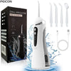 A white portable rechargeable oral irrigator device with a black nozzle and charging cable is shown against a blue water spla