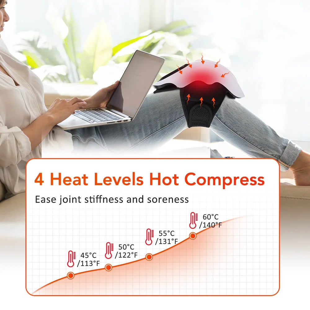A woman is using an infrared knee massager with heat levels to ease joint stiffness and soreness.
