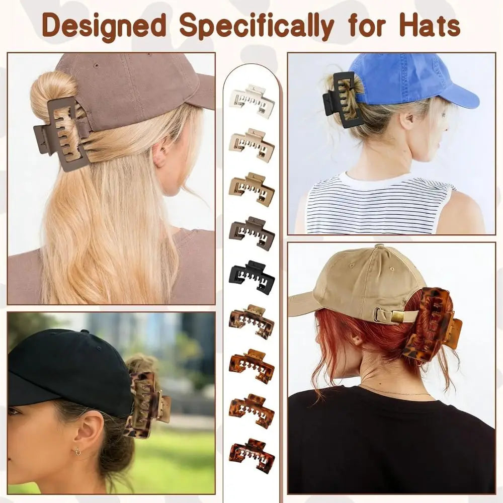 Claw clips designed for hats showing various sizes and colors used to secure baseball caps