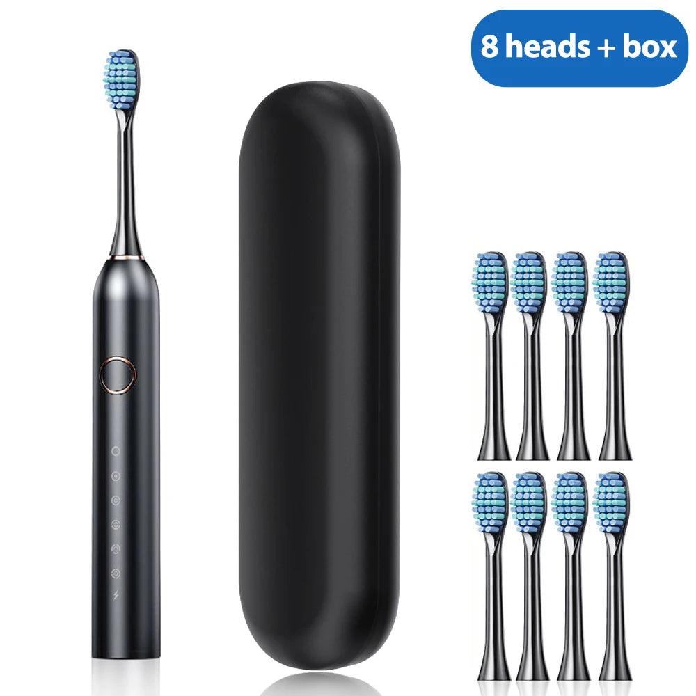 A black professional sonic electric toothbrush with 8 heads and box shown standing upright and lying down.