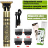 A set of metal electric hair shavers and trimmers with various guard sizes shown next to the main unit.
