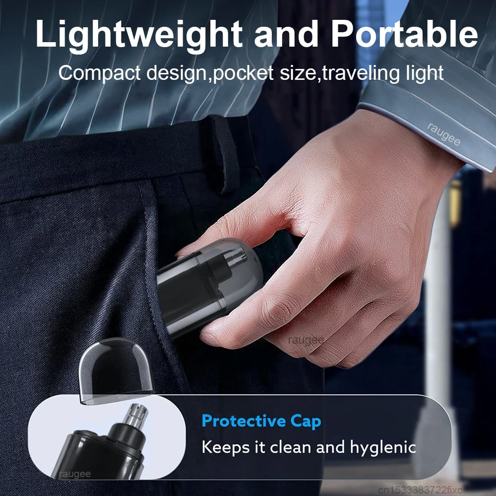 A hand holds a compact portable nose hair trimmer with a protective cap, designed for travel.